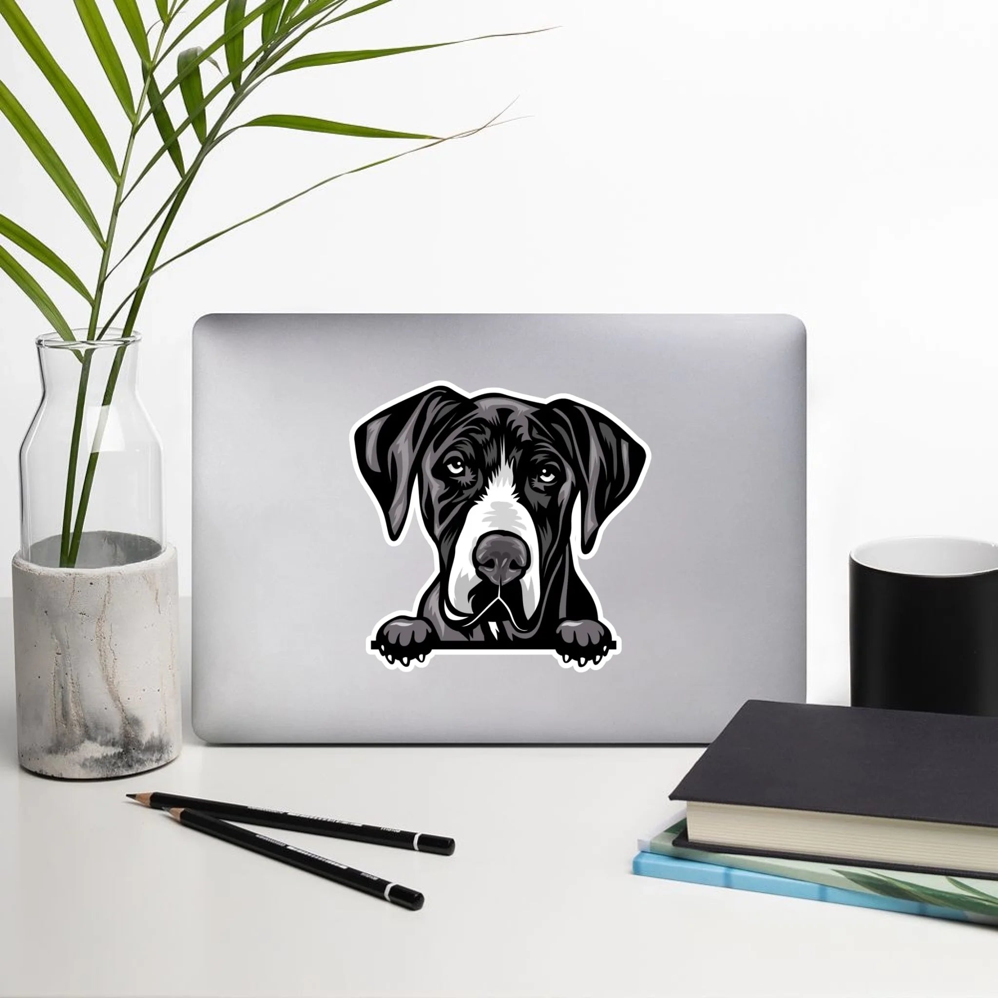 Great Dane sticker on laptop on a desk with a plant, mug, and books