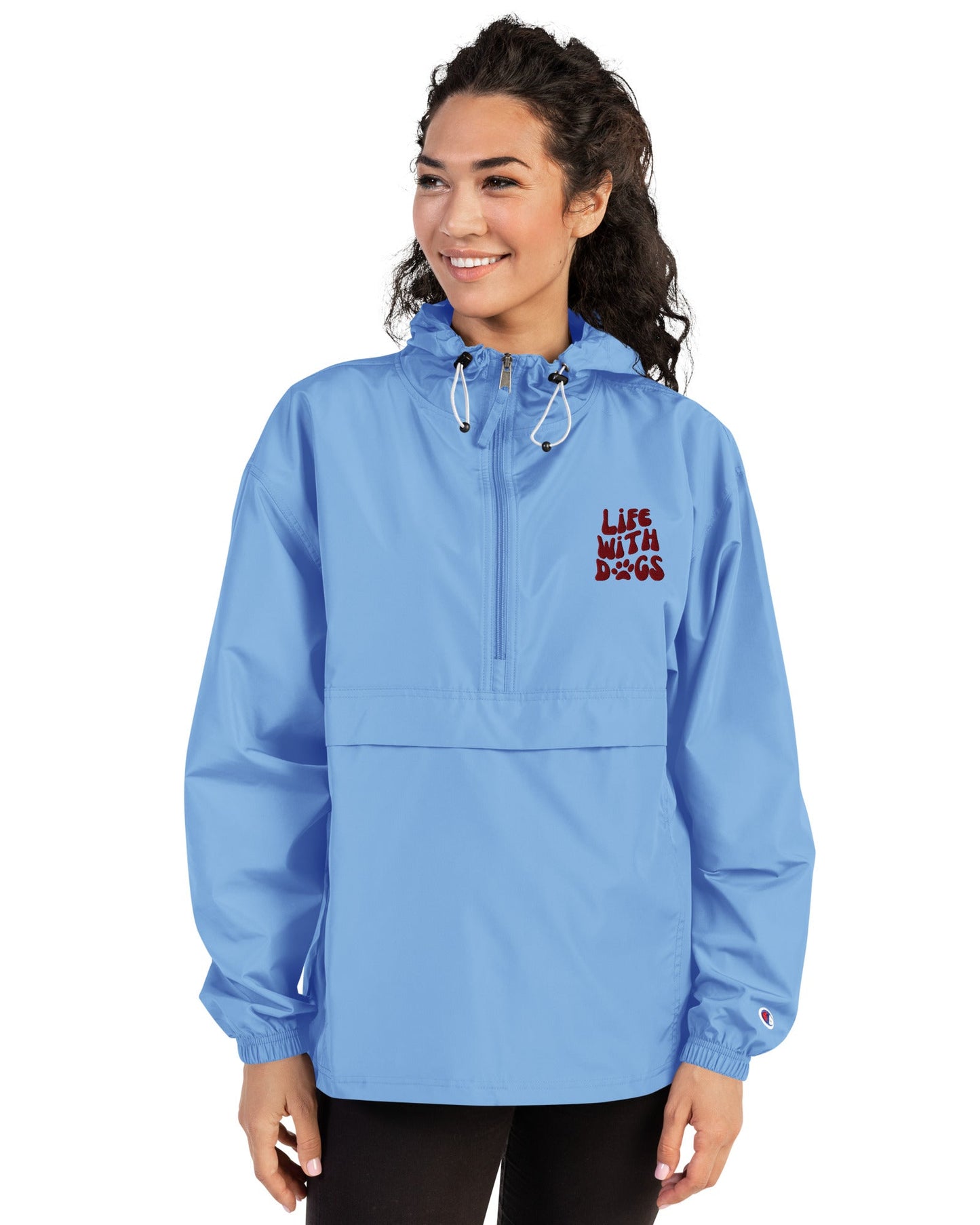 embroidered-champion-packable-jacket-light-blue-on model