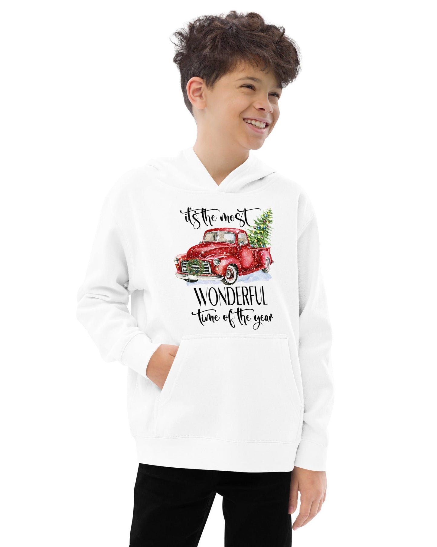 kids-fleece-hoodie-white-whith-christmas-truck