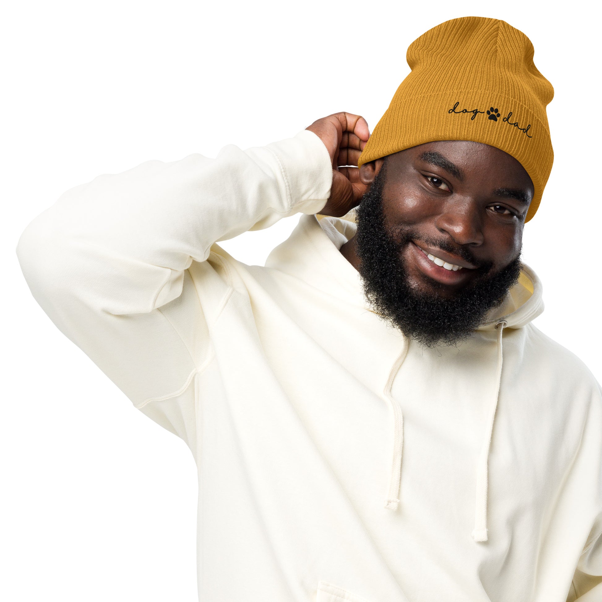 organic-ribbed-beanie-mustard-yellow-with-embridered-dog-dad