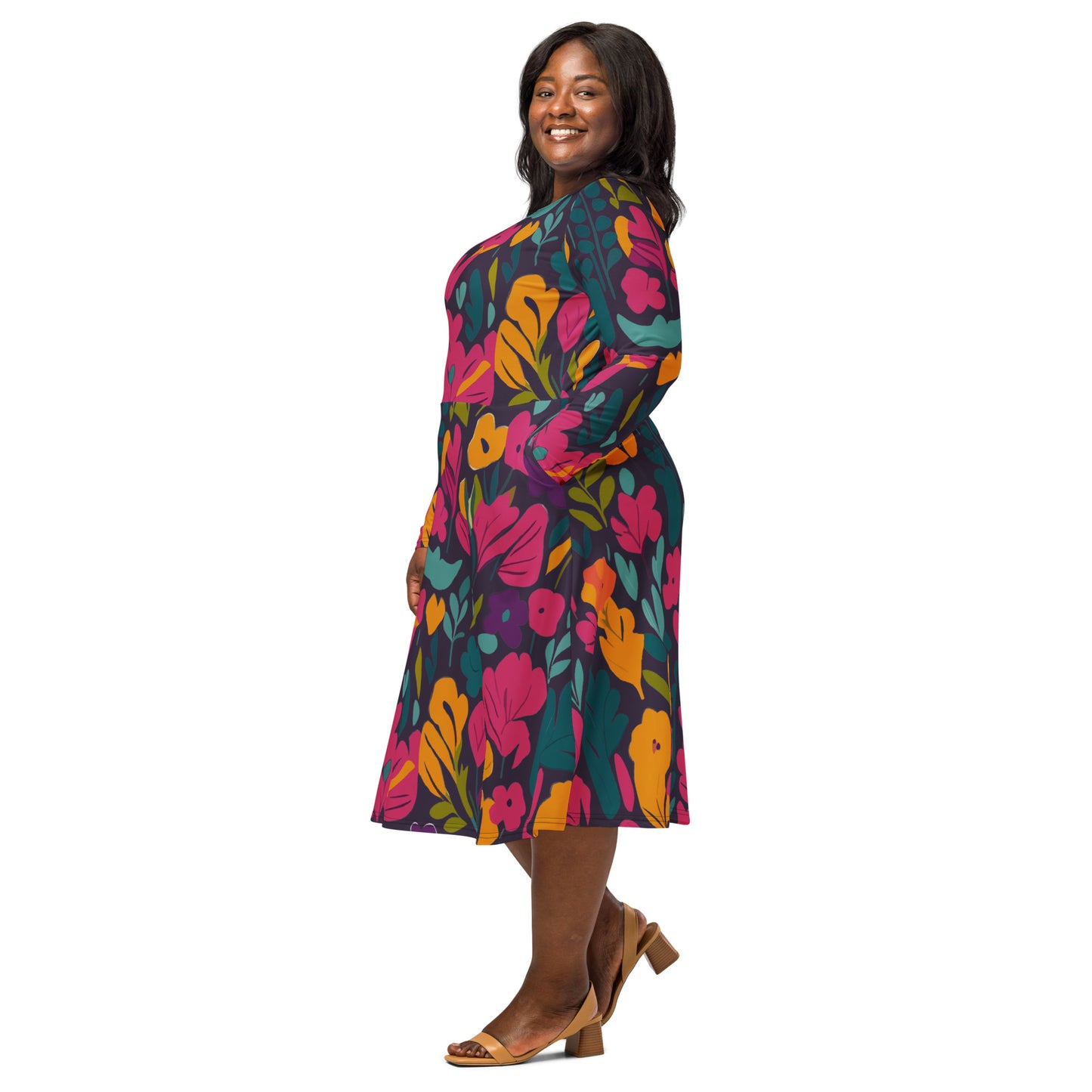 plus-size-floral-midi-dress-in navy-pink-turqoise